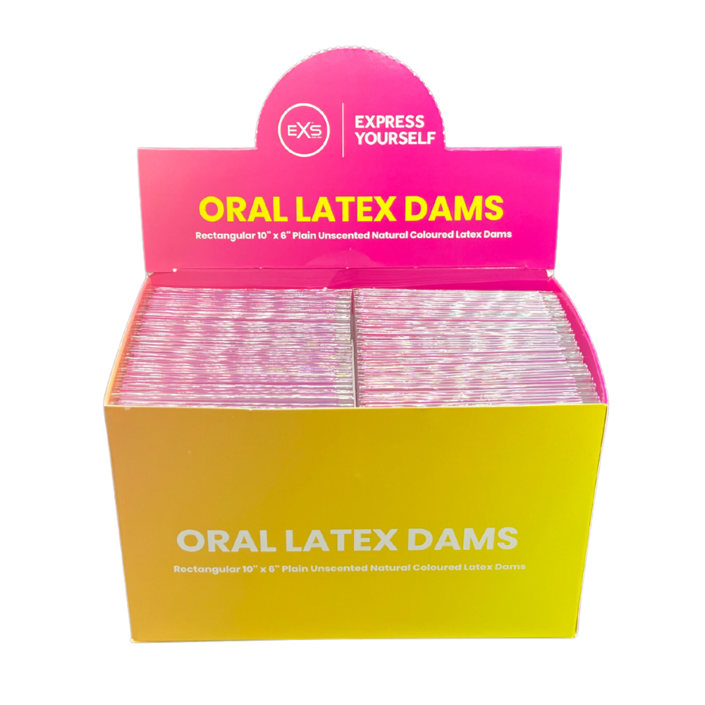 Quantity 100 Box of EXS Oral Dams With an Opened Top